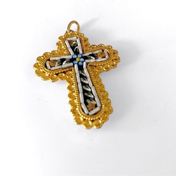 Micro Mosaic Gold Cross Pendant - Picture 2 of 4